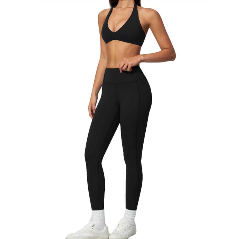 2 pezzi reggiseno e leggings yoga per palestra fitness | Reggiseno sportivo allacciato al collo scollo V profondo con effetto push-up, leggings a vita alta sollevaglutei, tessuto