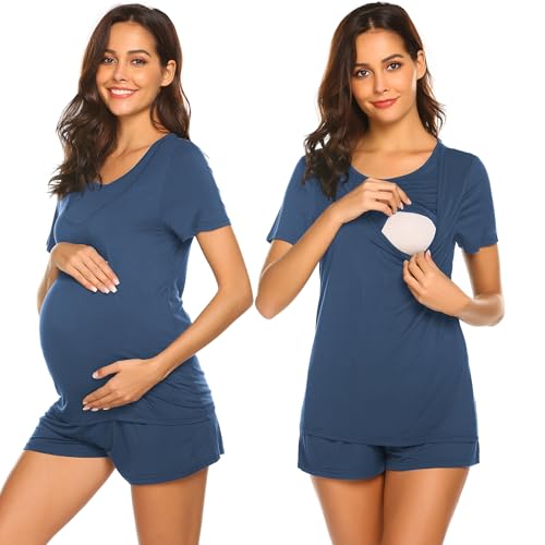 Image of Ekouaer Nursing Pajamas for Breastfeeding Pj Maternity/Breastfeeding/Delivery/Hospital Pregnancy Clothes Blue S
