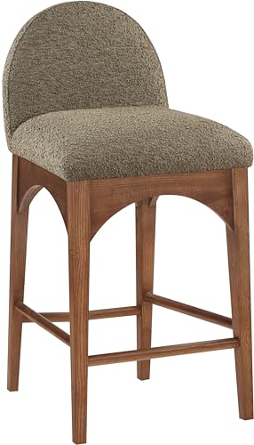 Butaco Art Deco Meridian Furniture Waldorf con tapizado en tela bouclé verde oliva, madera de fresno sólida y acabado marrón nogal, altura para barra, 18" x 20" x 37" miniatura 4