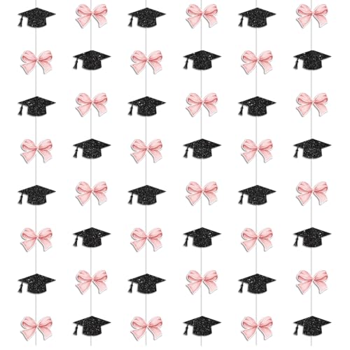 Blopee 6PC Pink Bow Graduation Decorations 2026 Bows Graduation Cap Garland Banner Hanging Streamer for Girl Grad Party Decorations Class of 2026