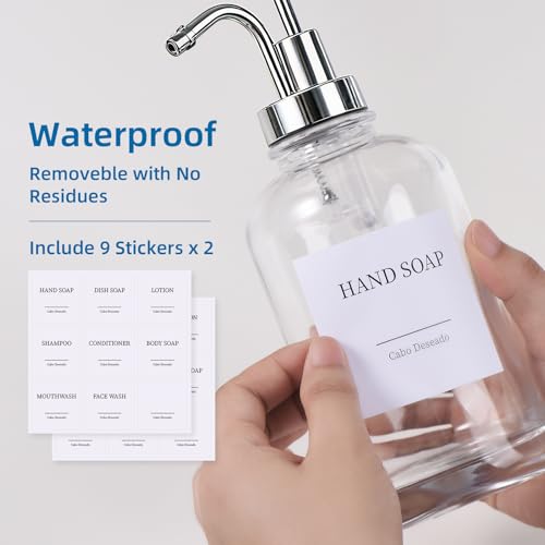 Image of Glass Soap Dispenser with Pump, Dish and Hand Soap Dispenser for Kitchen Bathroom Set, Clear Glass Dispenser Set of 2 Pack with 18 Stickers Funnel Bamboo Tray 500ml 18oz / Sliver Pump