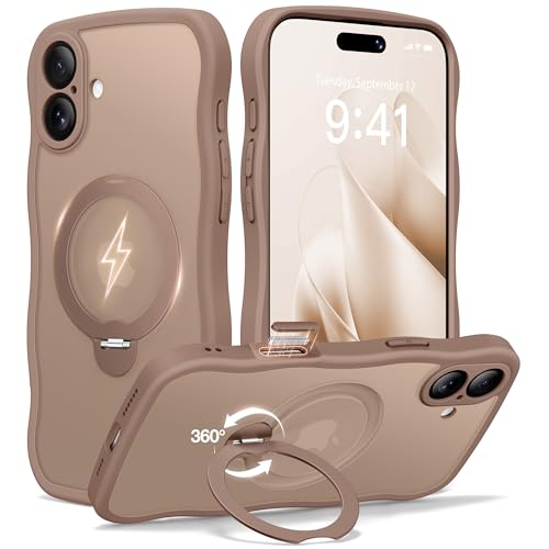 CAPRARO iPhone 16 Plus�p �P�[�X 360°��]���C�X�^���h�t�� ���f�B�[�X [MagSafe�Ή�] [�J�����t���ی�] �L���[�g�ȃE�F�[�u�������}�b�g�P�[�X iPhone 16 Plus�p �u���E��