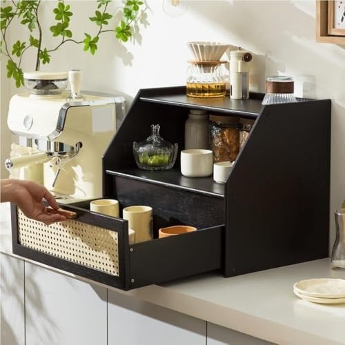 Multifunctional Kitchen Storage Rack with Drawers, Coffee Cup Holder & Sundry Cabinet Display for Dining Room & Kitchen, Stylish Home Organizer (Black, 30cm)