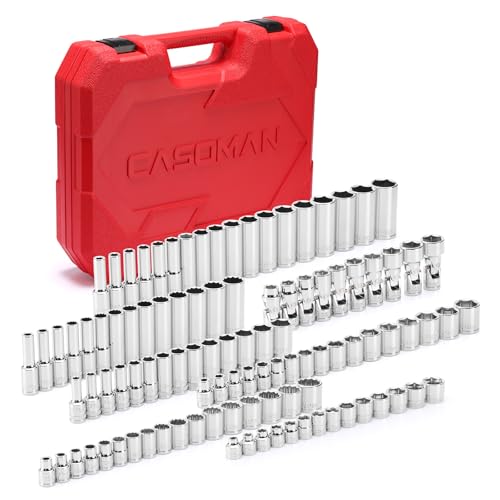 CASOMAN 104 PCS 3/8 Drive Master Impact Socket and Flex Socket Set Include Deep Mid-Length Shallow & Stubby Socket 6-Point & 12-Point Metric CR-V