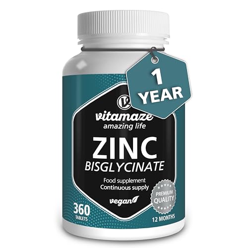 Zinc Tablets High Strength - 1 Year Supply - Versatile Supplement for General Health - 25 mg Zinc Bisglycinate per Tablet - Zinc Without Additives -Made in Germany