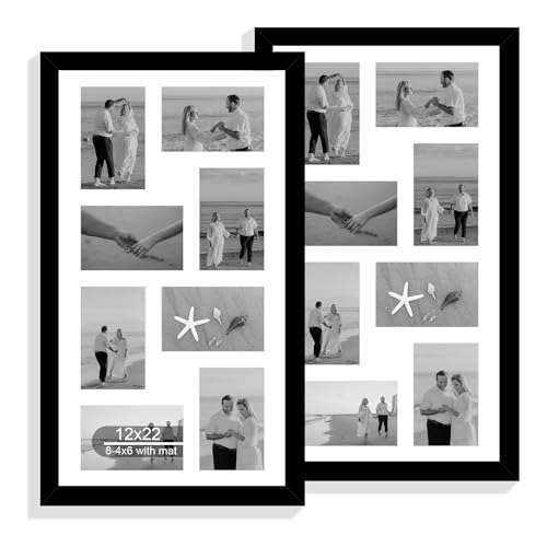 Hongkee 12x22 Picture Frame Set of 2, Collage Eight 4x6 with Mat,Real Glass