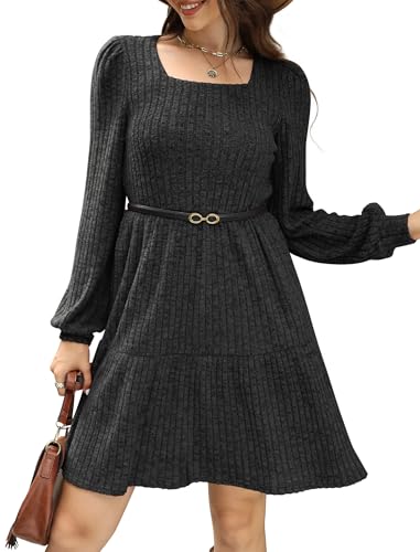 Image of Sampeel Womens Square Neck Long Sleeve Fall Dresses Casual Babydoll Sweater Dress