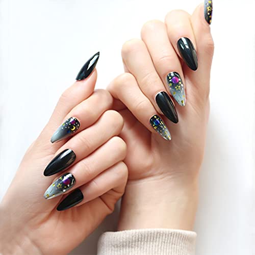 Nonmol 24 Pcs Stiletto Press on Nails Black Starry Sky Gilt Prin Tapered Stiletto False Nails Full Cover Artificial Nails Kit for Women Salon DIY Nail Art