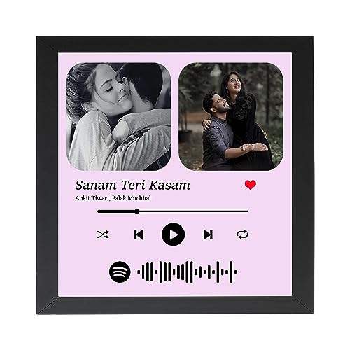 Image of Customized Wooden Spotify Wall Mount Song Barcode Collage Rectangular Photo Frame With Photo Upload For Anniversary For Gift-Light Pink,1 Piece(6X6 Inch)