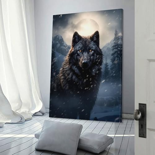 Loup noir tableau sauvage toile loup dans la neige décoration chambre
