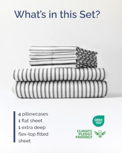 Image of Extra Deep Flex Top Split Head King Sheet Set - 6 Piece Breathable and Cooling Sheets - Hotel Luxury Bedding for Women, Men, Kids & Teens - Easy Secure Fit - Extra Deep Pockets - Grey Stripes 2