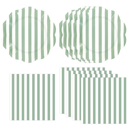 DHAIQC 50 Pièces Vaisselle Jetable Anniversaire Rayée, Vert Blanc Assiettes en Carton et Serviettes Pour Gâteaux Desserts Anniversaires Baby Showers Mariages Fete...