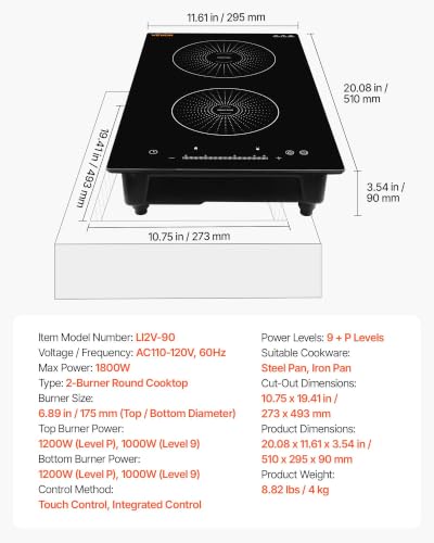 Image of VEVOR Induction Cooktop 12In 2 Burners, Built-in&Countertop Electric Stove, LED Touch & Integrated Control, 9 Power Levels, Easy-Clean Ceramic Glass, Child Lock, 1800W 110V No Plug