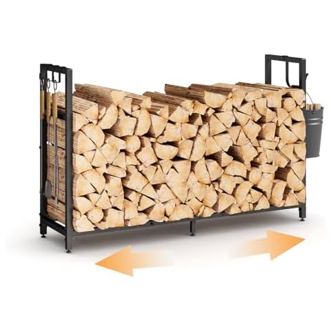 jkxoo Firewood Rack Indoor with Log Carrier, 35~47inch Adjustable Firewood Rack Outdoor, Fire Wood Storage with Kindling Hooks, Heavy Duty Logs Holder for Fireplace Outdoor Indoor with Adjustable Pads Cover