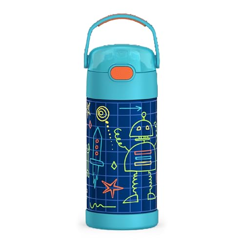 Image of THERMOS FUNTAINER Water Bottle with Straw - 12 Ounce - Kids Stainless Steel Vacuum Insulated Water Bottle with Lid, Robot Doodles