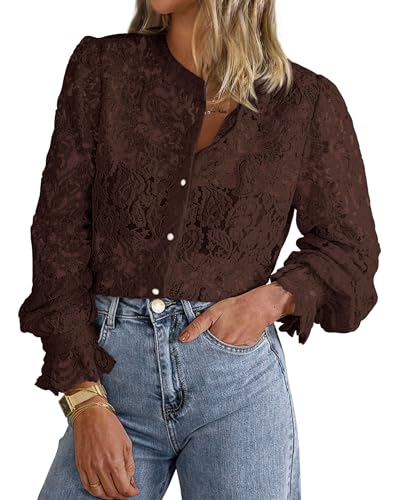 PRETTYGARDEN Women's Dressy Casual Lace Blouse Long Sleeve Button Up
