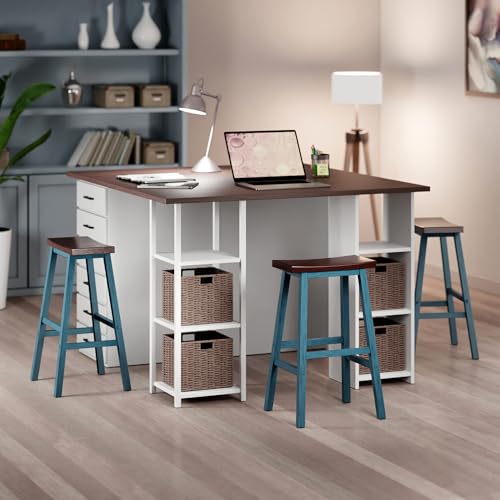Image of Winsome Satori Saddle Seat 29In Bar Stool Rustic Teal and Walnut Finish