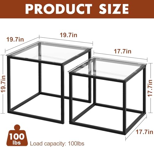Juego de 2 mesas de centro cuadradas, salón moderno, mesa de café de cristal, auxiliar 50/45 cm, negro - imagen 3
