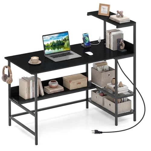 Image of Tangkula 48 inch Reversible Computer Desk with Bookshelves, Home Office Desk with Power Outlets, Hook and Storage Shelves, Writing Study Desk for Living Room, Study Room, Office (Black)