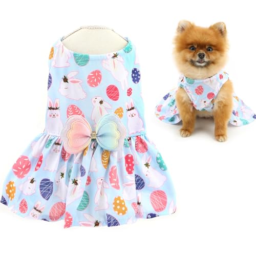 SMALLLEE_LUCKY_STORE Easter Dog Dress for Extra Small and Small Dog Puppy Female Skirt with Bunny Egg Print Bling Bowknot Festival Outfit Stretchable Pet Clothes Cats Costume, Bunny, S