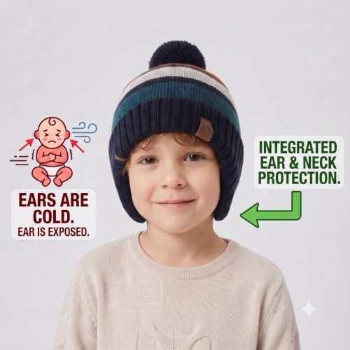 Image of LMLALML Boys Winter Hat Earflap Knitted Beanie for Kids Warm Fleece Lined Thicken Hat for Baby