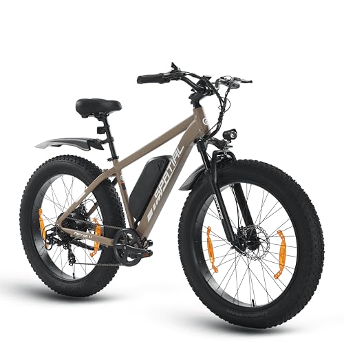 SPATIAL Bicicleta Eléctrica Montaña de 26' con Neumáticos Anchos de 4.0' y Batería de 48 V 13Ah y 624 WH, Autonomía de hasta 112 km, Motor de 250W y 80Nm, Pantalla LCD con 5 Pas (Caqui Hombre)