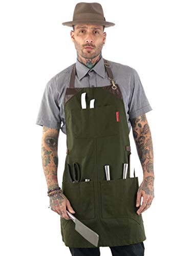 Under NY Sky Knife-Roll Forest Green Apron – Heavy-Duty Canvas, Leather Reinforcement –