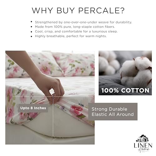 Image of Linen Home Cotton Percale Fitted Bedsheet Set King Size Floral Pink