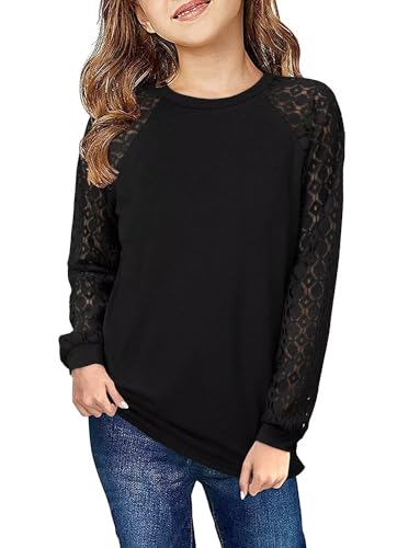 Image of Yoklass Girls Long Sleeve Shirts Kids Lace Casual Cute Crew Neck Top Sizes 5-14 Years