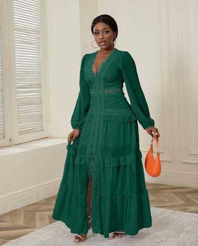 LAJIOJIO Elegant Dresses for Women Wedding Guest,Deep V Neck Puff Long Sleeve Evening Maxi Dress2