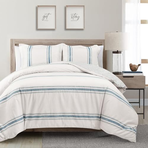 Image of Lush Decor Farmhouse Stripe Reversible Cotton Duvet Cover King Size 3 Piece Set Blue - Farmhouse Bedding Set King - Striped Duvet Cover