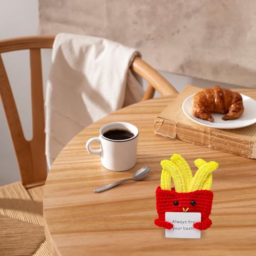 SGERUFZ Lustige Positive Pommes Geschenke, Handgemachte Emotionale Unterstützung, Gestrickte Kartoffeln mit Frontkarte, French Fries Schreibtisch Dekoration