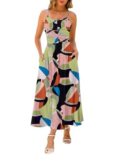 Image of Annebouti Women 2026 Summer Spring Ruched Maxi Dress Adjustable Spaghetti Strap Floral Beach Long Sundress with Pockets