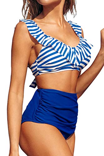 CUPSHE Women's Blue Striped High Waisted Bikini with Ruffle Small