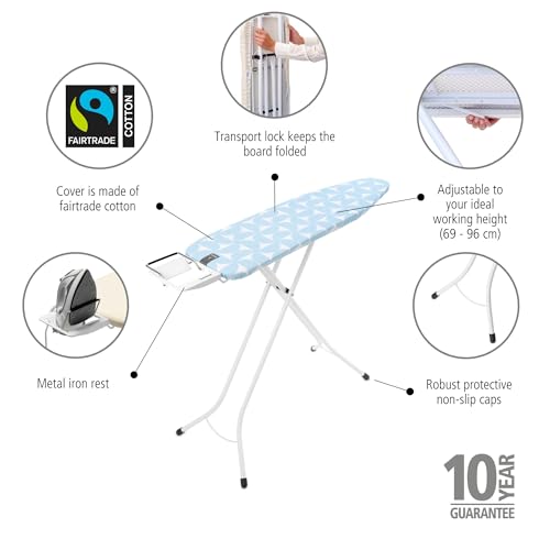 Image of Brabantia Compact Ironing Board with Left /Right Adjustable Steam Iron Rest | Small (Size A) | Fairtrade Fresh Breeze Cover | Adjustable Height (27-38 inch), Easy Fold, Anti-Collapse Lock, Non-Slip Feet