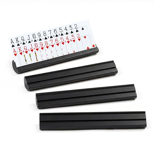Srillollar Playing Card Holders for Adults Seniors Kids, Set of 4 Wooden Card Holders for Playing Cards, 11.8 inch Cards Holder for Card Game Bridge Canasta Strategy Foot and Hand (Black)