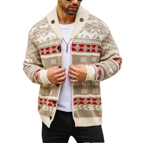 Men Tops Casual Long Sleeve Turn-Down Collar Buttoned Knit Cardigans Vintage Geometric Sweater
