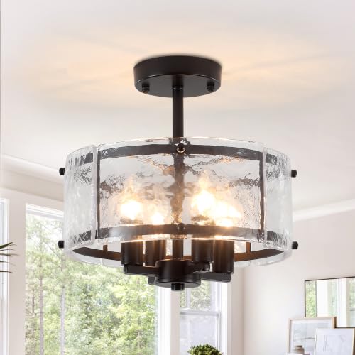 Image of 4-Light Black Ceiling Light E14 Semi Flush Glass Ceiling Light Ø52.5cm