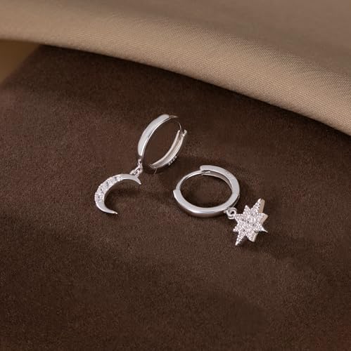 Pendientes de aro de plata para mujer con diseño asimétrico de estrella y luna celestial 6