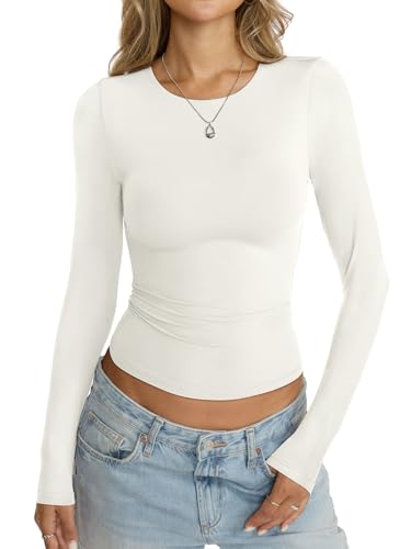 Womens Double Lined Seamless Crew Neck Shirts Basic Long Sleeve Tops Sexy Slim Fit T Shirts Casual Fall Clothes