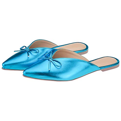 Mule Feminino Rasteirinha Metalizado Bico Fino Eleganteria Tamanho:38;Cor:Azul Metalizado