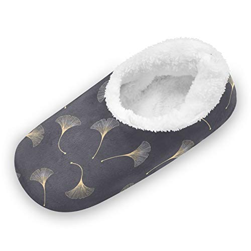 TropicalLife LUCKYEAH Ginkgo - Pantuflas de casa con patrón de hojas de ginkgo para mujeres y hombres con pies peludos, cómodas y cálidas de espuma viscoelástica para interiores y exteriores