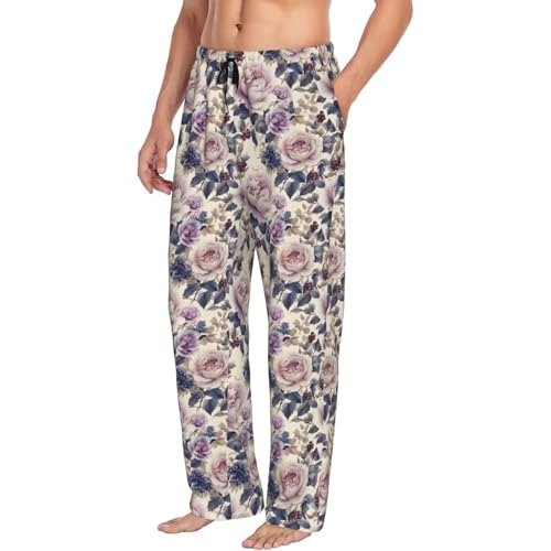 Mens Pajama Pants - Pink Flower Blueberry Print Soft Sleep Lounge Pants For Men, Casual Pj Bottoms With Pockets