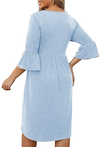 Image of Women's Plus Size 3 /4 Sleeve Casual Dress V Neck Spring Summer Tshirt Empire Waist Ruffle Midi Dresses
