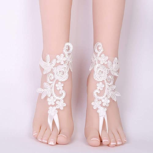 SlenyuBridal Lace Anklets Barefoot Sandals Beach Wedding Bridal Anklet Prom Party Bellydance Accessories (Ivory One) - Image 4