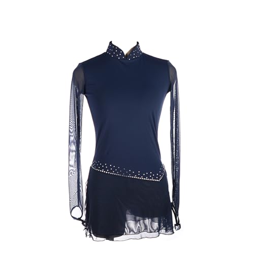 Vestido de patinação artística, malha temperamental brilhante strass gola alta patinação artística c