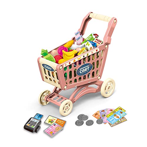 RedCrab Carro Compra Juguetes Infantil, Juego de Accesorios de Tienda de 54 Piezas, Carrito de Compras de Juguete para Regalo Educativo (Rosa)