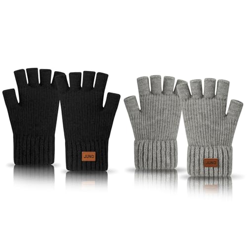 VEGCOO 2 pares luvas sem dedos, luvas de inverno homem e mulheres luvas térmicas quentes tecidos, adequadas para trabalhar, correr, ciclismo e condução, Preto + Cinza