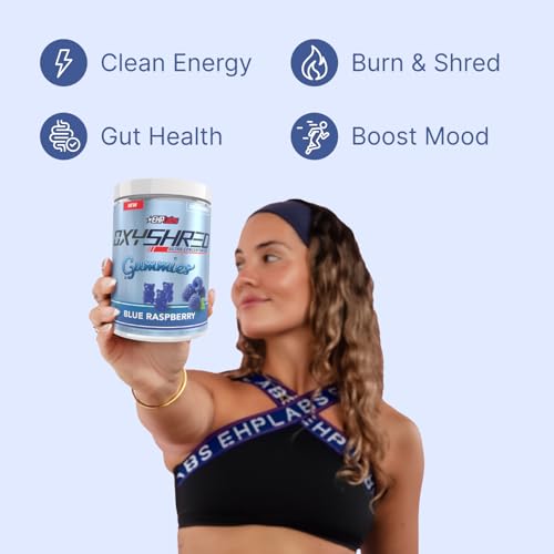 Image of EHP Labs OxyShred Gummies - Pre Workout Gummies & Energy Chews with 100mg Caffeine, L-Carnitine for Thermo & Metabolic Support, All Natural Energy Boost - Blue Raspberry - 60 Servings
