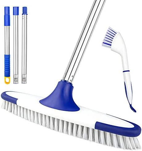 ITTAHO Scrub Brush with Long Handle,Grout Cleaner Brush and Small Cleaning Brush Set for Scrubbing Tile Marble Stone Bathroom Patio Garage Deck Floor Brush Cleaning